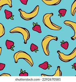 Cute strawberries and bananas vector repeat pattern. strawberry bananas on a blue background. Vector seamless repeat pattern. Tiled blue and yellow fruit pattern background. Delicious healthy food. 