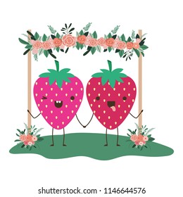 cute strawberries in couple in the garden kawaii characters