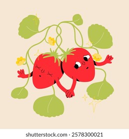 Cute strawberries couple in love illustration. Vector isolated romantic art of strawberry fruit with leaves. Colorful red green print. Valentine's day postcard and poster. Mascot design. Funny faces. 