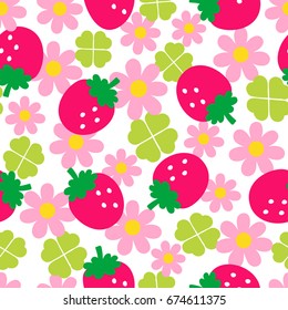 Cute strawberries and  flowers illustrations.Vector background for kids.