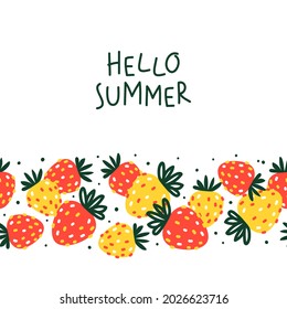 Barras de fresas cortas frontera horizontal aisladas en blanco - objetos de dibujos animados para el diseño de verano feliz