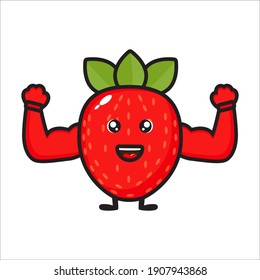 cute strawberries mascot with strong muscles, strawberry vector eps 10 character on white background