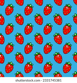 Cute strawberries on a bright light blue background. Floral seamless pattern, vector illustration