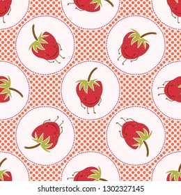 Cute strawberries polka dot vector illustration. Seamless repeating pattern. Hand drawn kawaii dotty red berry background. 1950's style retro kitchen decor, kids textiles, 5aday fruit all over print.