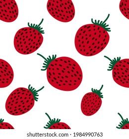 Cute strawberries seamless pattern in doodle style on white background for fashion print, gift wrapping paper, wallpaper etc.