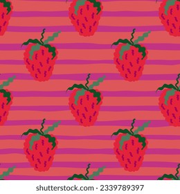 Cute strawberries seamless pattern. Doodle strawberry endless background. Hand drawn fruits wallpaper. Design for fabric, textile print, wrapping paper, kitchen textiles, cover. Vector illustration