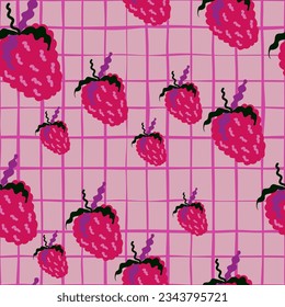 Cute strawberries seamless pattern. Doodle strawberry endless background. Hand drawn fruits wallpaper. Design for fabric, textile print, wrapping paper, kitchen textiles, cover. Vector illustration