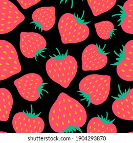 Cute strawberries seamless pattern on a black background. Colorful strawberries vector pattern. Trendy flat cartoon style. Can be used as a wallpaper, wrapping paper, textile print etc.