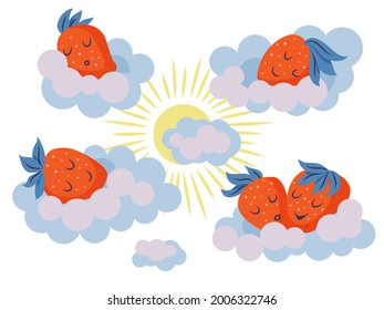 cute strawberries sleep on the clouds. strawberries with whipped cream.