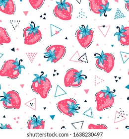 Cute Strawberries with Triangles and Dots Vector Seamless pattern. Fruit Strawberry Berries Abstract Geometric Background. Summer Berry Wallpaper for Kids