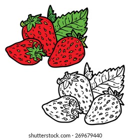 cute strawberries. Vector cute hand drawn strawberries and leaf for coloring book