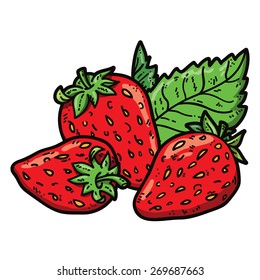 cute strawberries. Vector cute hand drawn colorful strawberries and leaf 