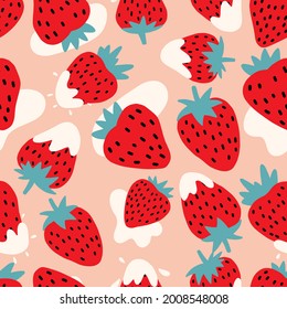 Cute strawberries with whipped cream seamless pattern. Summer berries with a touch of milk. Perfect summer food.