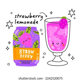 Cute strawberry bootle and glass. Isolated. Vector cartoon character hand drawn style illustration. Kawaii smiling lemonade.Hand drawn cute vector for web,design,print