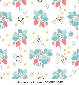 Cute strawberry bouquets seamless pattern, all over print. Summer background. Hand drawn berries, flowers, leaves vector Illustration.