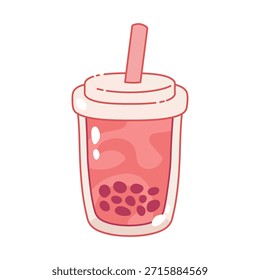 Linda ilustración de té de fresa burbuja. Arte kawaii, icono de Vector o pegatina. Dulce bebida asiática sobre fondo blanco