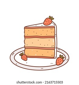 Cute strawberry cake on a plate. Sweet dessert decorated with berries isolated on white background. Vector hand-drawn illustration in doodle style.Perfect for holiday designs, cards, decorations, logo