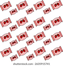 Cute Strawberry Candy Wrapper Pattern Vector for Kids Sweet Packaging, Confectionery Branding, and Fun Dessert Designs