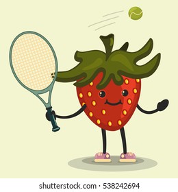 Cute Strawberry cartoon character playing tennis. Eating healthy and fitness. Flat retro style illustration concept.