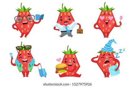 Cute Strawberry Cartoon Character Set, Funny Fruit in Different Situations Vector Illustration