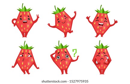Cute Strawberry Cartoon Character with Various Emotions Set Vector Illustration