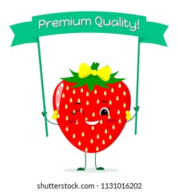 Cute Strawberry cartoon character with a yellow bow and earrings. Smiles and holds a premium quality poster. Vector illustration, a flat style.