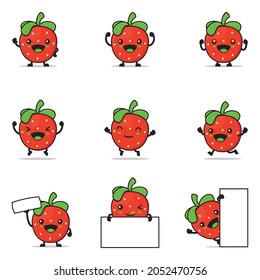 cute strawberry cartoon, fruit vector illustration, with happy facial expressions and different poses, isolated on a white background