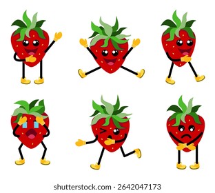 Cute strawberry cartoon illustration vector set in groovy style with happy and sad face with arms and legs in shoes, funny cartoon fruits.