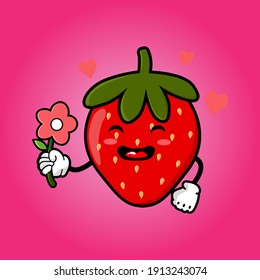 cute strawberry cartoon mascot character funny expression giving flower