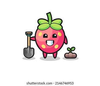 cute strawberry cartoon is planting a tree seed , cute design