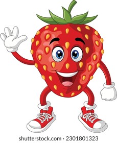 Cute strawberry cartoon waving hand