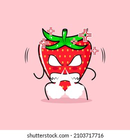 Cute Strawberry Character With Angry Expression. Nose Blowing Smoke, Eyes Bulging And Grinning. Green And Red. Suitable For Emoticon, Logo, Mascot