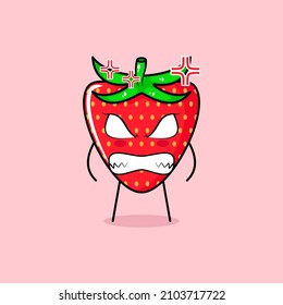 cute strawberry character with angry expression. eyes bulging and grinning. green and red. suitable for emoticon, logo, mascot