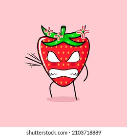 cute strawberry character with angry expression. green and red. suitable for emoticon, logo, mascot. one hand raised, eyes bulging and grinning