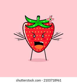 cute strawberry character with angry expression. green and red. suitable for emoticon, logo, mascot. both hands raised and mouth open
