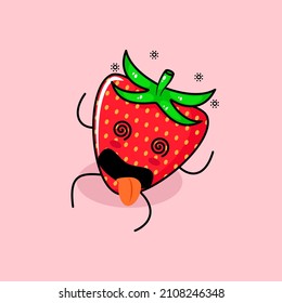 cute strawberry character with dizzy expression, rolling eyes, lie down and tongue sticking out. green and red. suitable for emoticon, logo, mascot and icon