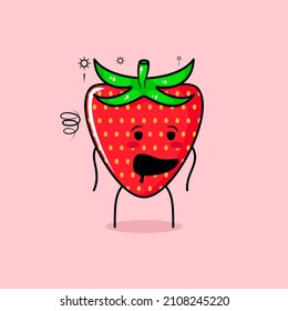 cute strawberry character with drunk expression and mouth open. green and red. suitable for emoticon, logo, mascot and icon