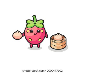 cute strawberry character eating steamed buns , cute style design for t shirt, sticker, logo element