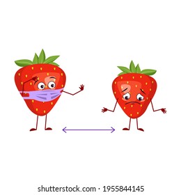 Carácter de fresa suave con cara y máscara mantener distancia, brazos y piernas. El héroe gracioso o triste, la fruta roja y la baya. Ilustración plana del vector