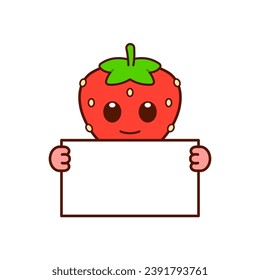 Cute Strawberry Character Holding a Blank Sign