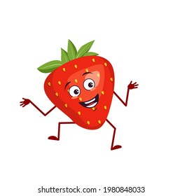 Cute strawberry character with joy emotions, smiling face, happy eyes, arms and legs. A mischievous red berry hero. Vector flat illustration