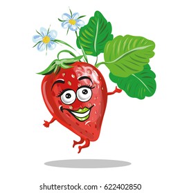 Cute strawberry character jumping and smilng vector