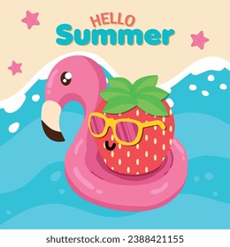 Cute strawberry character with lifesaver Hello summer Vector illustration