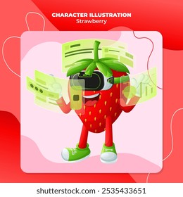 Cute strawberry character in metaverse. Perfect for kids, merchandise and sticker, banner promotion
