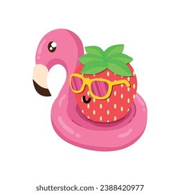 Cute strawberry character on a flamingo lifesaver Vector illustration