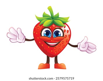 Cute strawberry character with open arms, welcoming and cheerful. Vector cartoon illustration