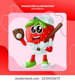 Cute strawberry character playing baseball. Perfect for kids, merchandise and sticker, banner promotion
