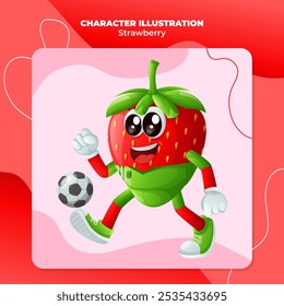 Cute strawberry character playing soccer. Perfect for kids, merchandise and sticker, banner promotion
