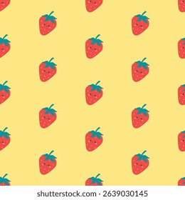 Cute Strawberry Character Seamless Vector Pattern. Strawberry Fruit with Faces. Pattern for Summer textile,wrapping paper,background,texture