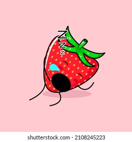 cute strawberry character with sleep expression and mouth open. green and red. suitable for emoticon, logo, mascot and icon